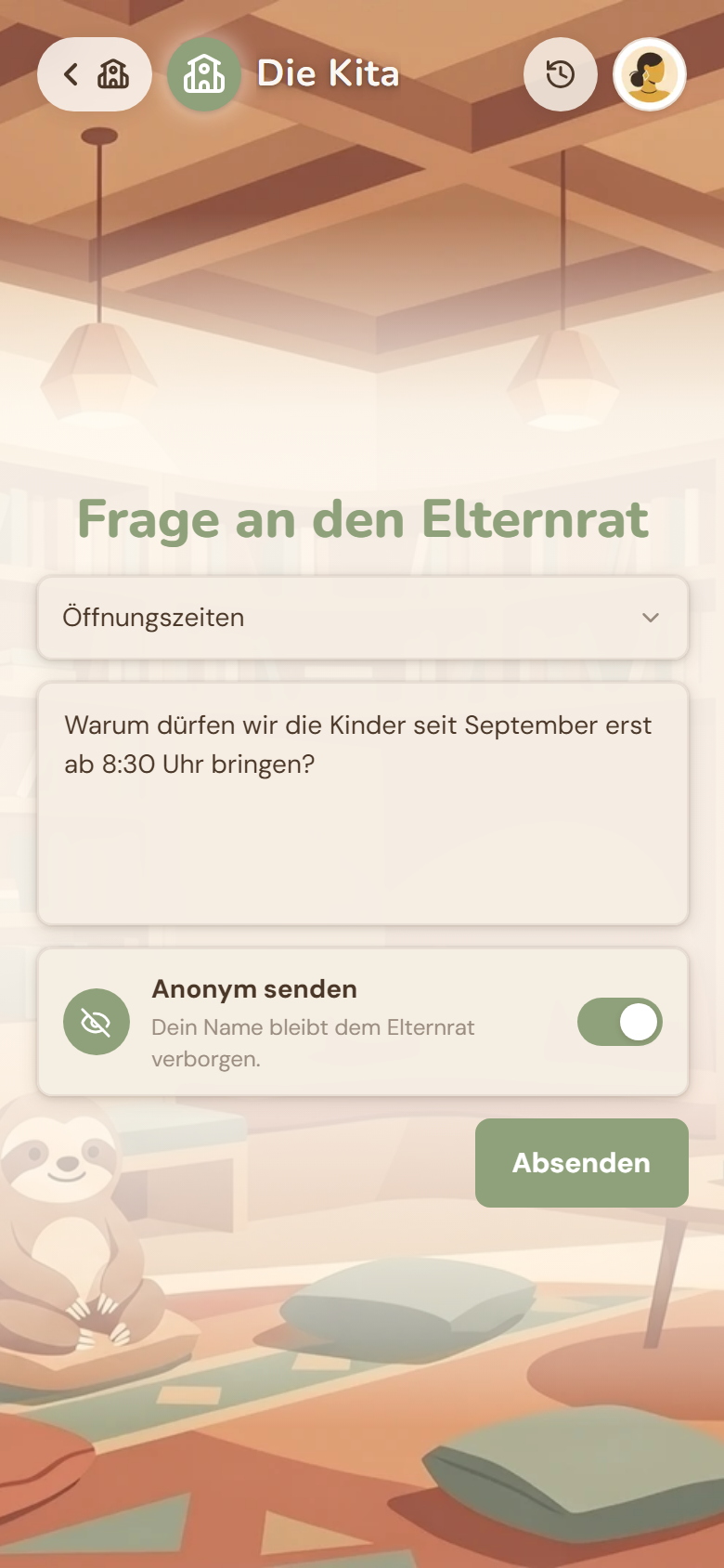 Frage an den Elternrat, mit eingeschaltetem Schalter für anonymes Senden